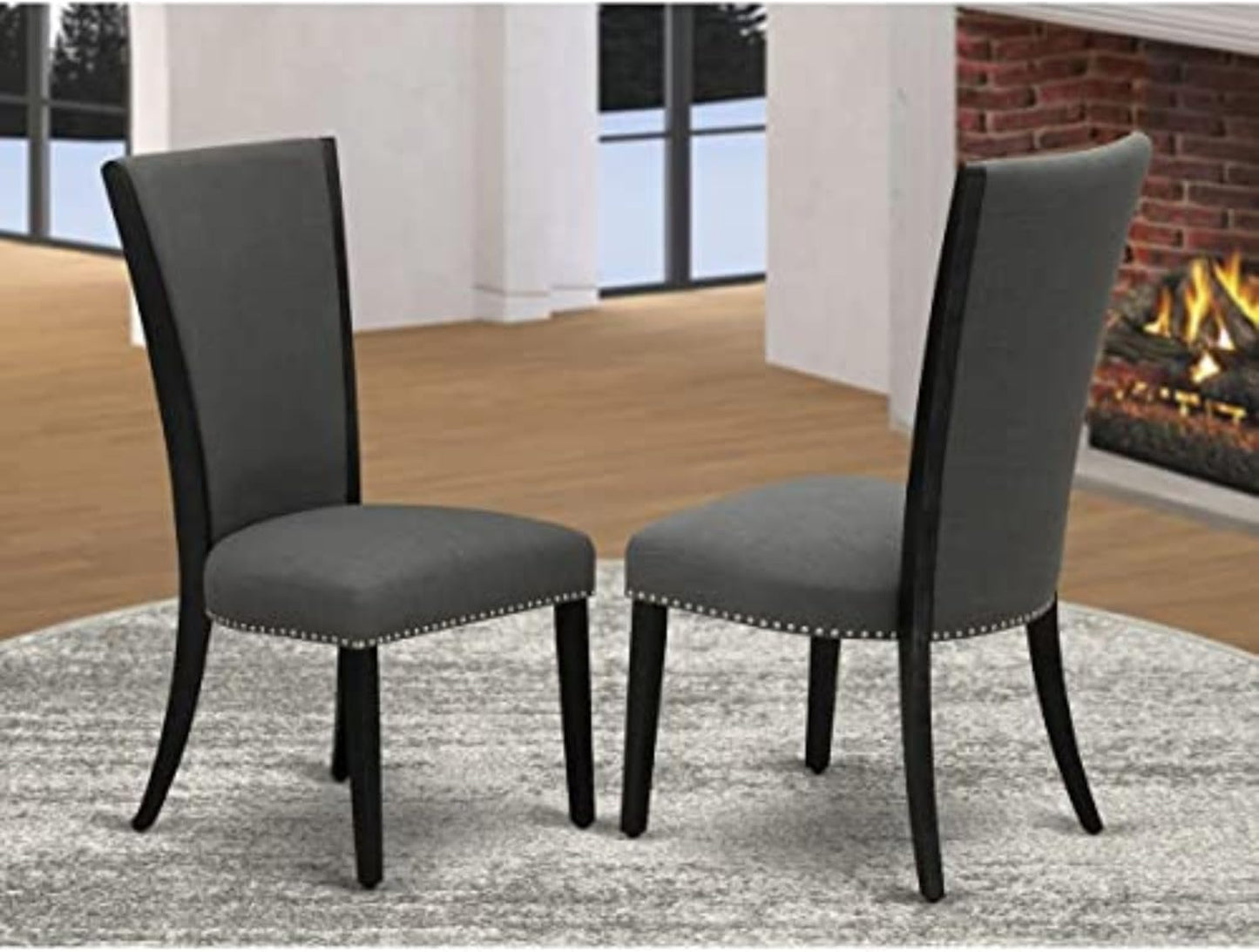 East West Furniture VEP6T50 Verona Parson Dining Chairs - Nailhead Trim Dark Gotham Linen Fabric Padded Chairs, Set of 2, Wirebrushed Black