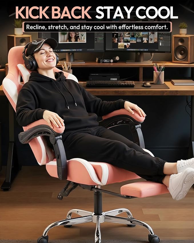 Dowinx Ergonomic Pink Gaming Chair with Footrest & Massage Lumbar, 2D-Linkage Armrests for Cute Aesthetic Esports Chair for Girls, Office, Home and Long Gaming Sessions, Pink