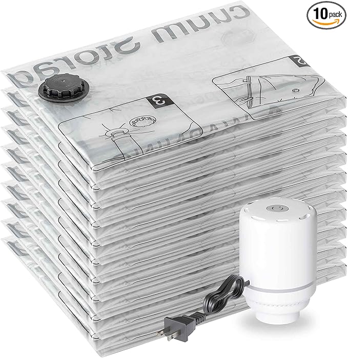 SUOCO 10 Jumbo Vacuum Storage Bags with Electric Pump, Travel Clothes Space Saver Bags, Compression Airtight Seal Bags for Clothing, Pillows, Comforters, Blankets
