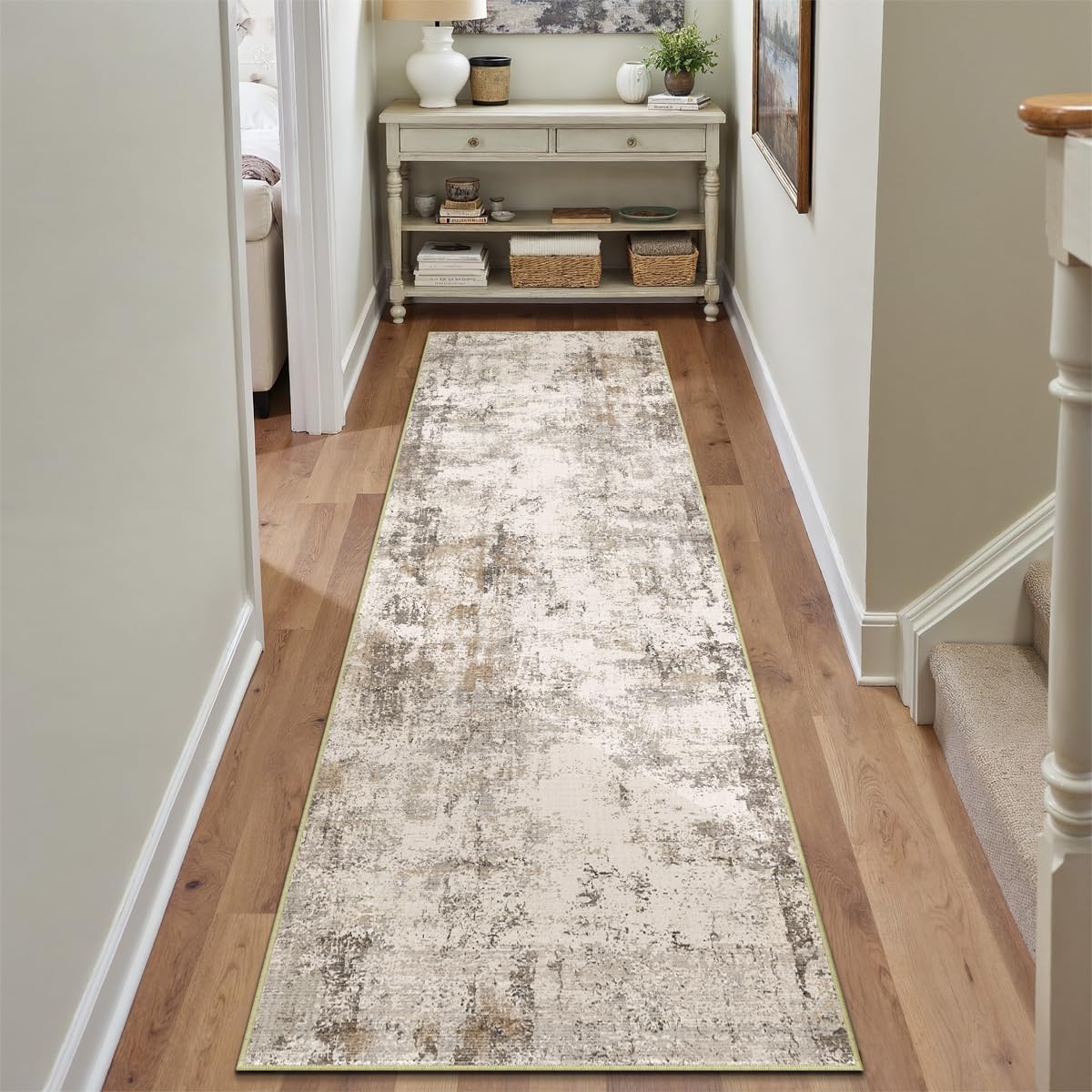 2x10 Washable Runner Rug Brown Grey Neutral Abstract Hallway Kitchen Living Room Bedroom Non Slip Throw Rug Soft Low Pile Indoor Carpet for Entrance Laundry Bathroom