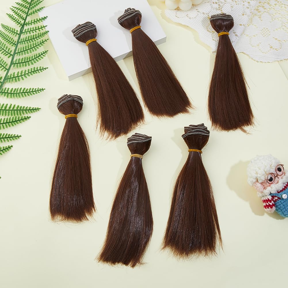 DICOSMETIC 6Pcs Doll Wig Hair 18cm Plastic Straight Short Doll Hair Wefts Dolls Making Kits Dolls Hairs Extensions Coconut Brown Faux Hairs Replacement for Adult DIY Crafts