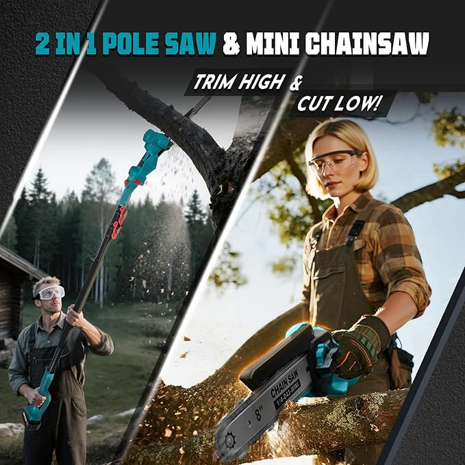 2-in-1 Cordless Pole Saw & 8'' Mini Chainsaw,Forest Ranger Approved Electric Handheld Chain Saw with 2× 21V 4.0Ah Rechargeable Batterie&Charger, Auto Oiling Multi-Angle,Max 16Ft Saw for Tree Trimming
