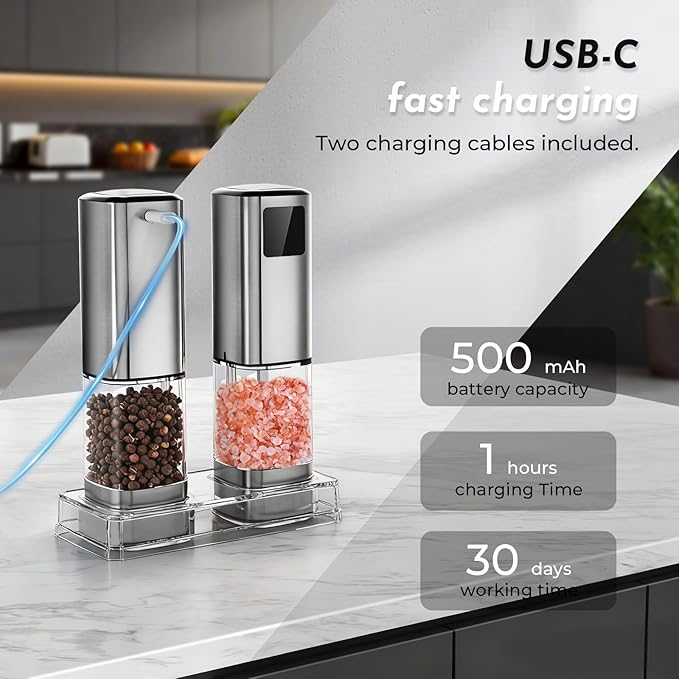 Upgraded Larger Capacity Electric Salt and Pepper Grinder Set Rechargeable with Digital Display, Light & Ceramic Core, Adjustable Coarseness, Stainless Steel Material 2 PACK