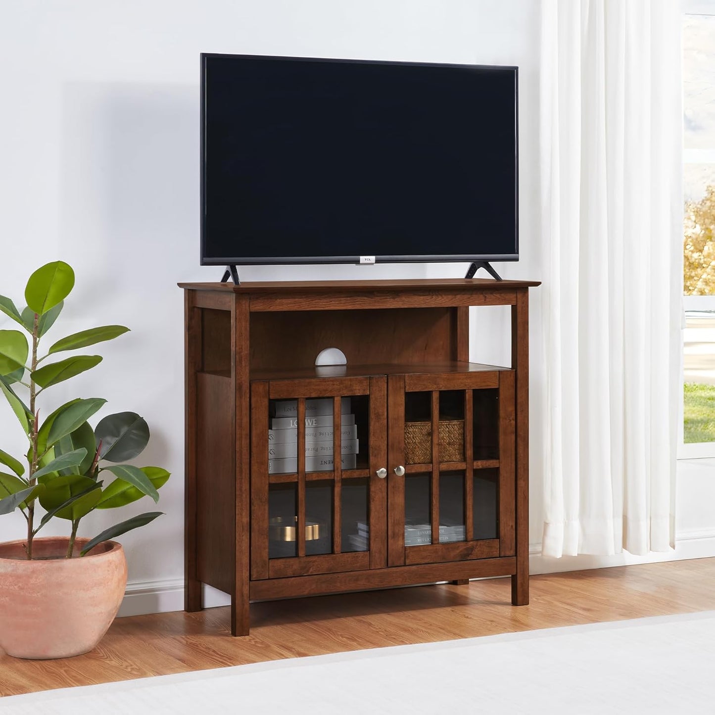 Convenience Concepts Big Sur Highboy TV Stand 36" - Modern Entertainment Center For TVs up to 40", Storage Cabinet for Dining, Living Room, & Entryway, Console Hall Table with Shelves, Dark Walnut