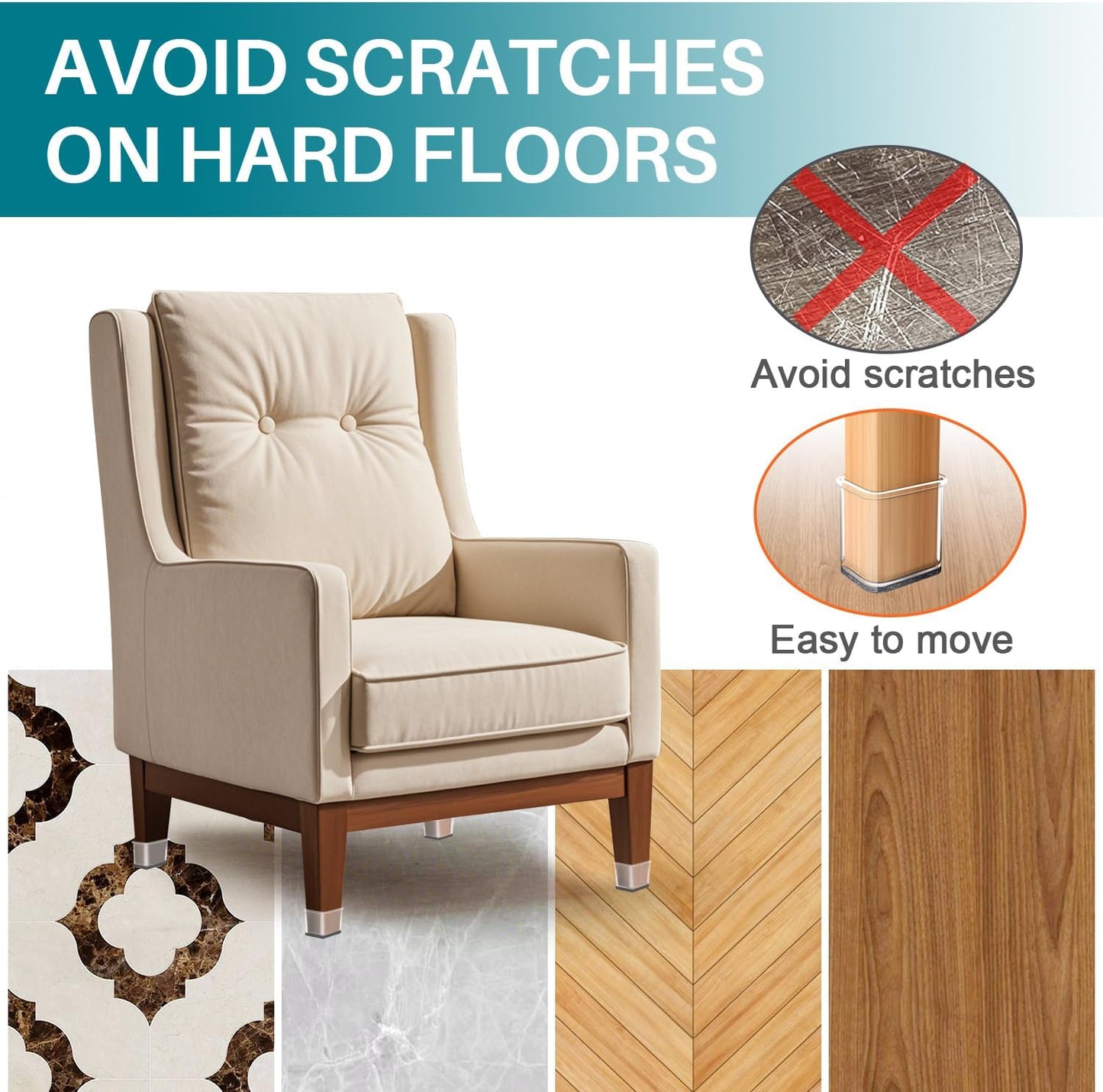 Ansible 24 Pcs Chair Leg Floor Protectors Square, Silicone Felt Furniture Leg Pads Caps Covers for Hardwood Floors (Fit:1-1/16" to 1-5/8")