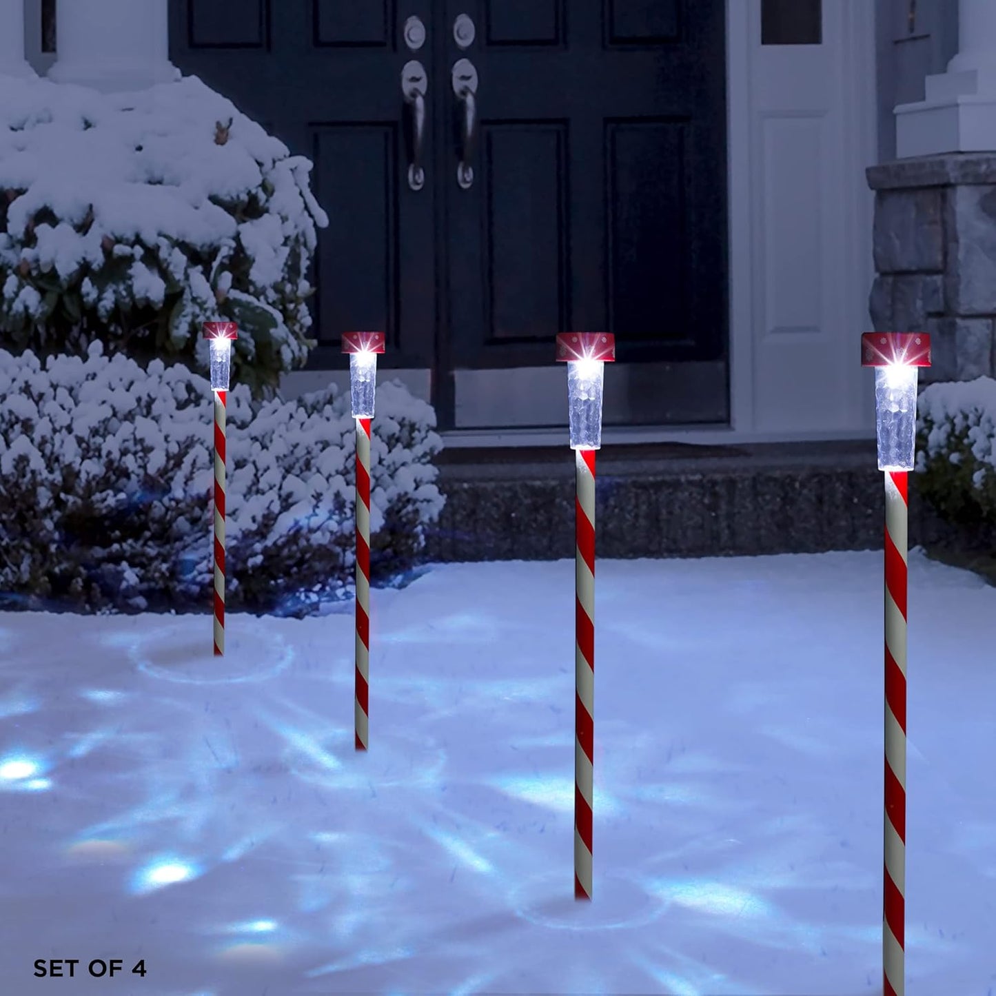 Alpine Corporation QWE106SLR-4 Holiday Striped Pathway Garden Stake with Solar LED Lights, LED Solar Lawn Décor, Set of 4 , Christmas Decoration
