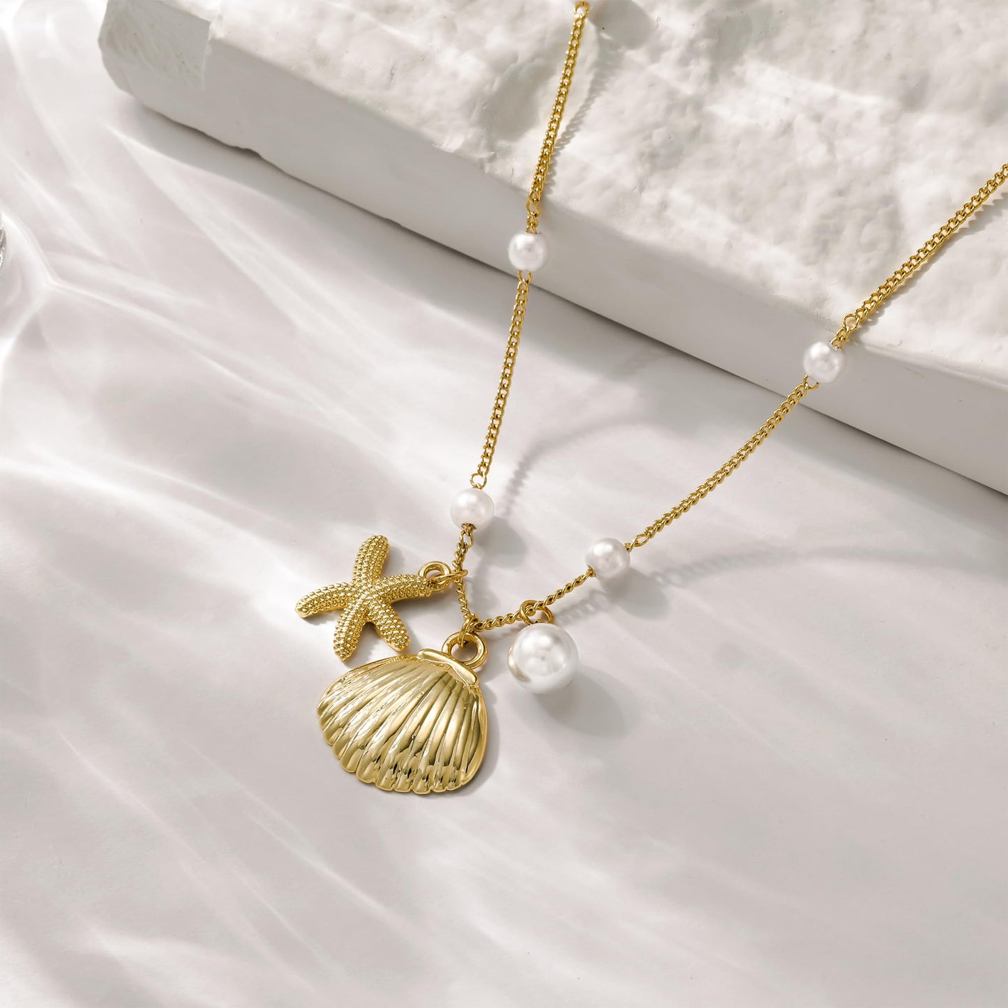 Picuzzy 14K Gold Plated Starfish Seashell Pendant Necklace for Women Trendy, Sea Star Fish Shell Beach Necklace Ocean Coastal Tropical Nautical Vacation Summer Jewelry Pearl Accessories for Women
