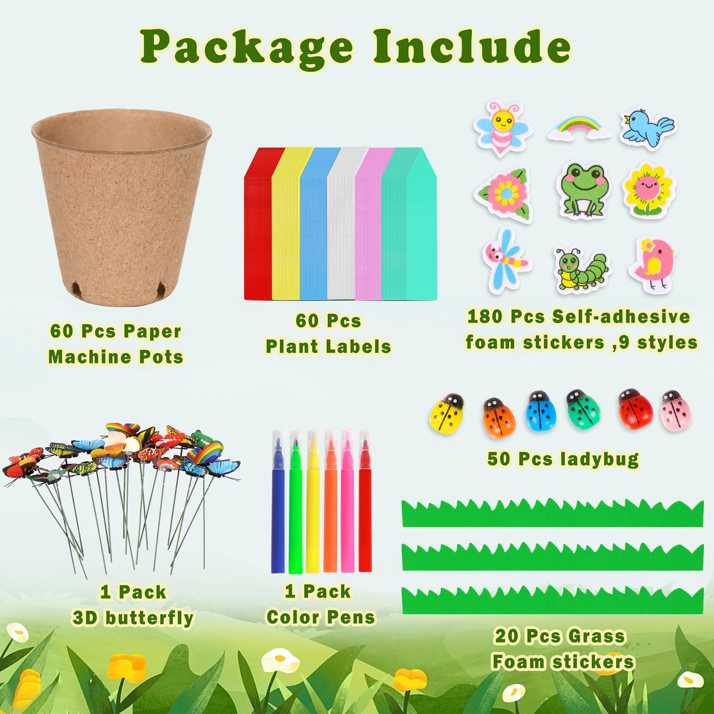 Aweyka 60 Pack Garden Paper Pot Craft Kit Flower Plant Spring Summer Craft with 50 Adhesive Foam Stickers 60 Paper Mache Pots Label Pens, Flower Planting Growing Kit Science Garden Gift