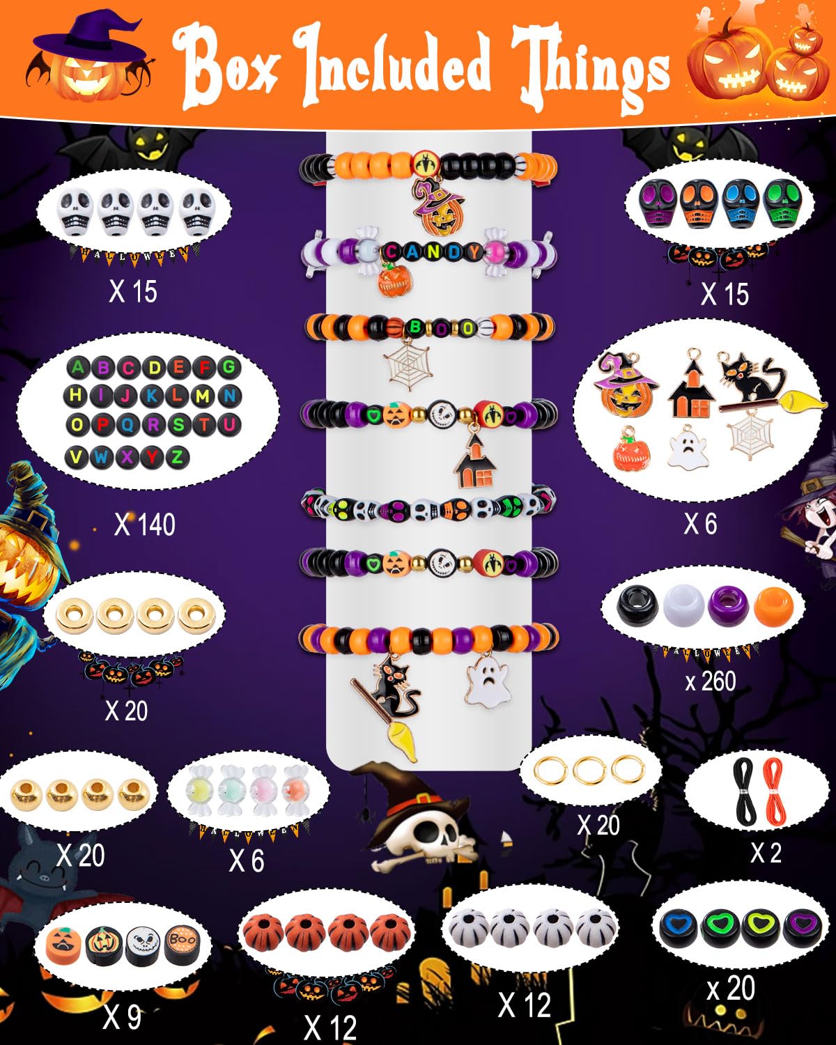 Taybonds Halloween Beads for Bracelet Jewelry Making Kit, Skull Polymer Clay Beads Pony Beads, Halloween Beads Charm for DIY Necklace Earrings, Gifts for Party