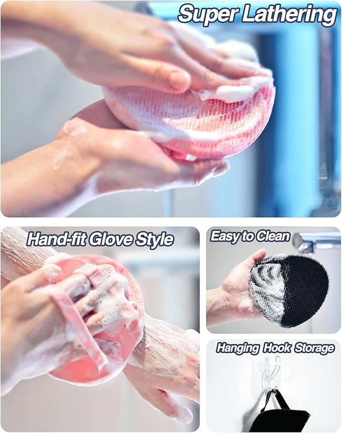 Manmihealth Silicone Back Scrubber(Thin Bristles) & Soft Bath Glove Set, Super-Cleaning Body Scrubber & Super-Lathering Shower Brush Combination, with a Free Hook. (Black)