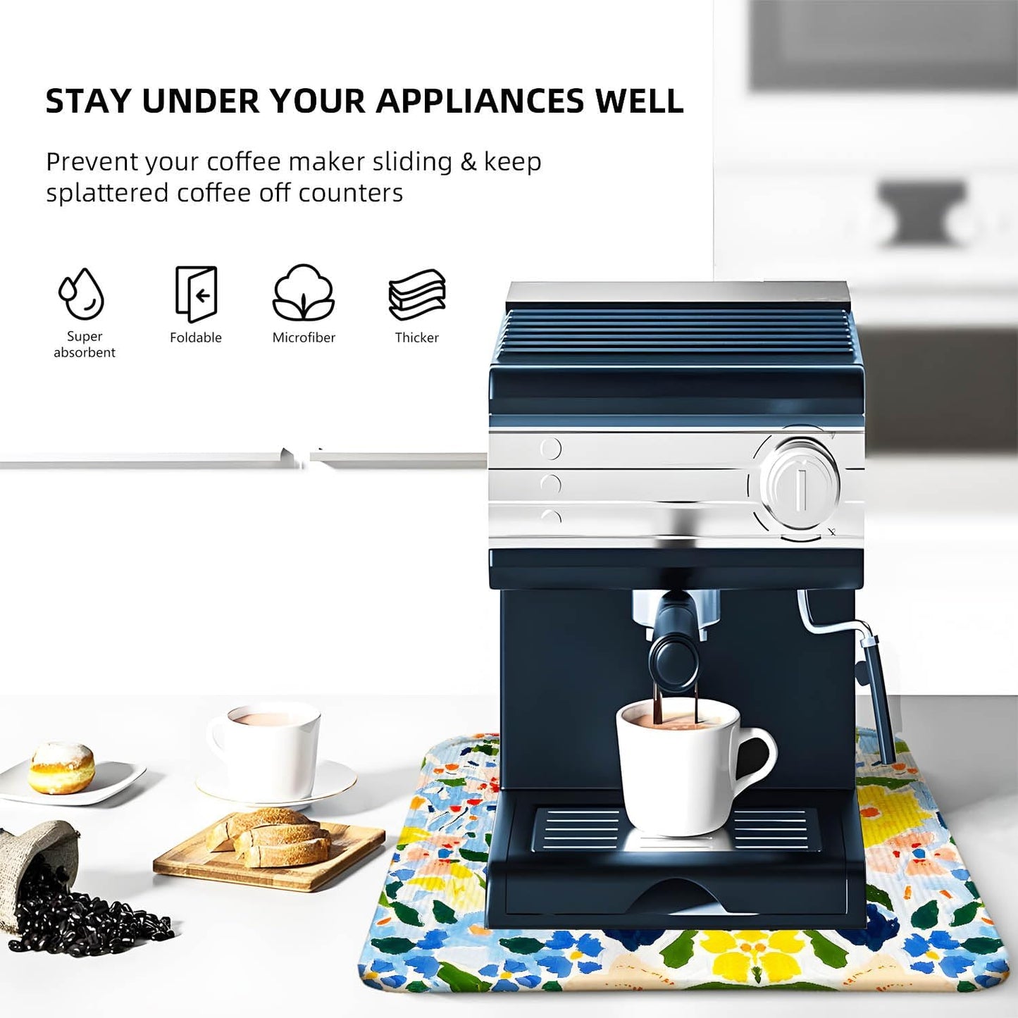 Blue and Yellow Floral Large Dish Drying Mats, Reversible Dish Drying Pads for Kitchen Counter Foldable and Stored in a Drawer,18"x24" Extra Large Draining Mat Protect for Kitchen,Bar Counter