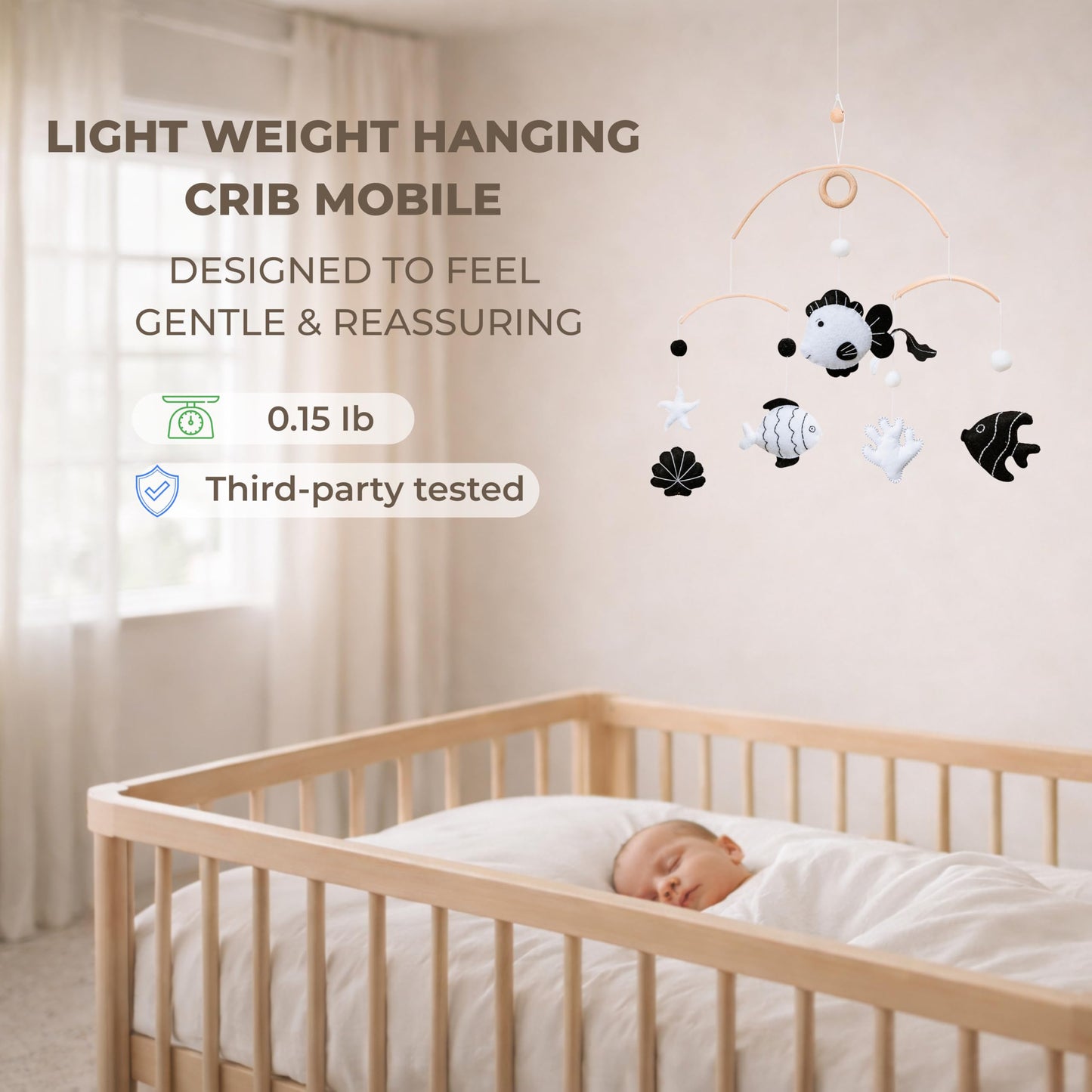 High-Contrast Black & White Decor for Newborn Baby Nursery Room – Fish Crib Mobile, Handmade for Boy & Girl, Safe Natural Wood & Fabric, Plastic-Free, Baby Shower Gift Ready
