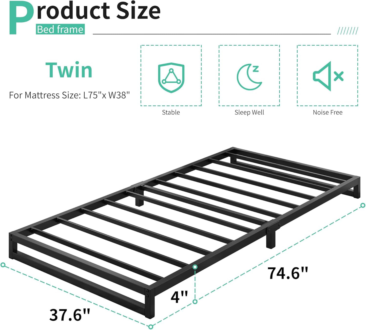 4 Inch Twin Size Bed Frames Heavy Duty Metal Twin Platform Bed Frame No Box Spring Needed, Noise Free, Easy Assembly, Black