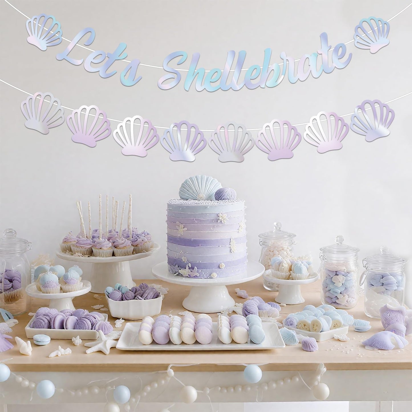 Let's Shellebrate Banner Iridescent Sea Shell Party Banner Under the Sea Mermaid Shell Garland for Girls Women Birthday Baby Shower Coastal Bachelorette Party Wedding Supplies