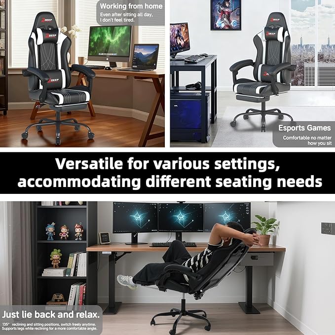 Ergonomic Gaming Chair with Footrest and Lumbar Massage, Racing Office Chair, High Back Computer Desk Chair with Headrest Pillow for Adults, Video Game Chair for PC Gamer (1001-White)
