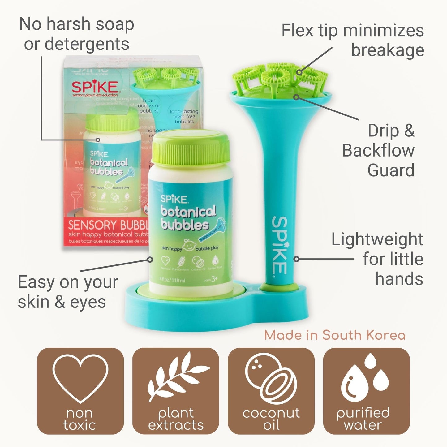 Innobaby Spike Bubble Blower with Mess Free Botanical Bubbles and Dipping Tray - Magic Wand Blows Oodles of Bubbles Without The Mess - Recommended for Speech, Visual & Motor Development - Color: Aqua