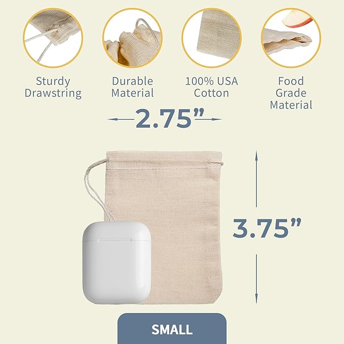 Celestial Gifts Muslin Bags - Drawstring Bags Small 25pcs - 2.75x3.75, Reusable Tea Bags, Jewelry Gift, Spice and Cotton Gift Sachet Bags - 100% Cotton - Made in USA - (Natural Hem & Drawstring)