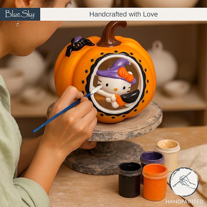 Blue Sky Clayworks Hello Kitty Pumpkin Cut Candle House, Ceramic, 7.125" L x 7" W x 6" H, Witchy Window Glow