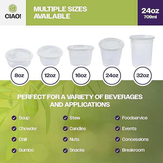 CIAO! 24OZ PP Injection Molded Soup-Deli Container with LLDPE Lid, Microwavable and BPA Free (240/240 combo pack)