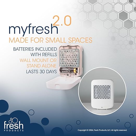 Fresh Products myfresh 2.0 Personal Air Freshener with Dry Fragrance Technology for Small Spaces Compact Design Motion Sensor Battery Included Alpine Forest 6 pk