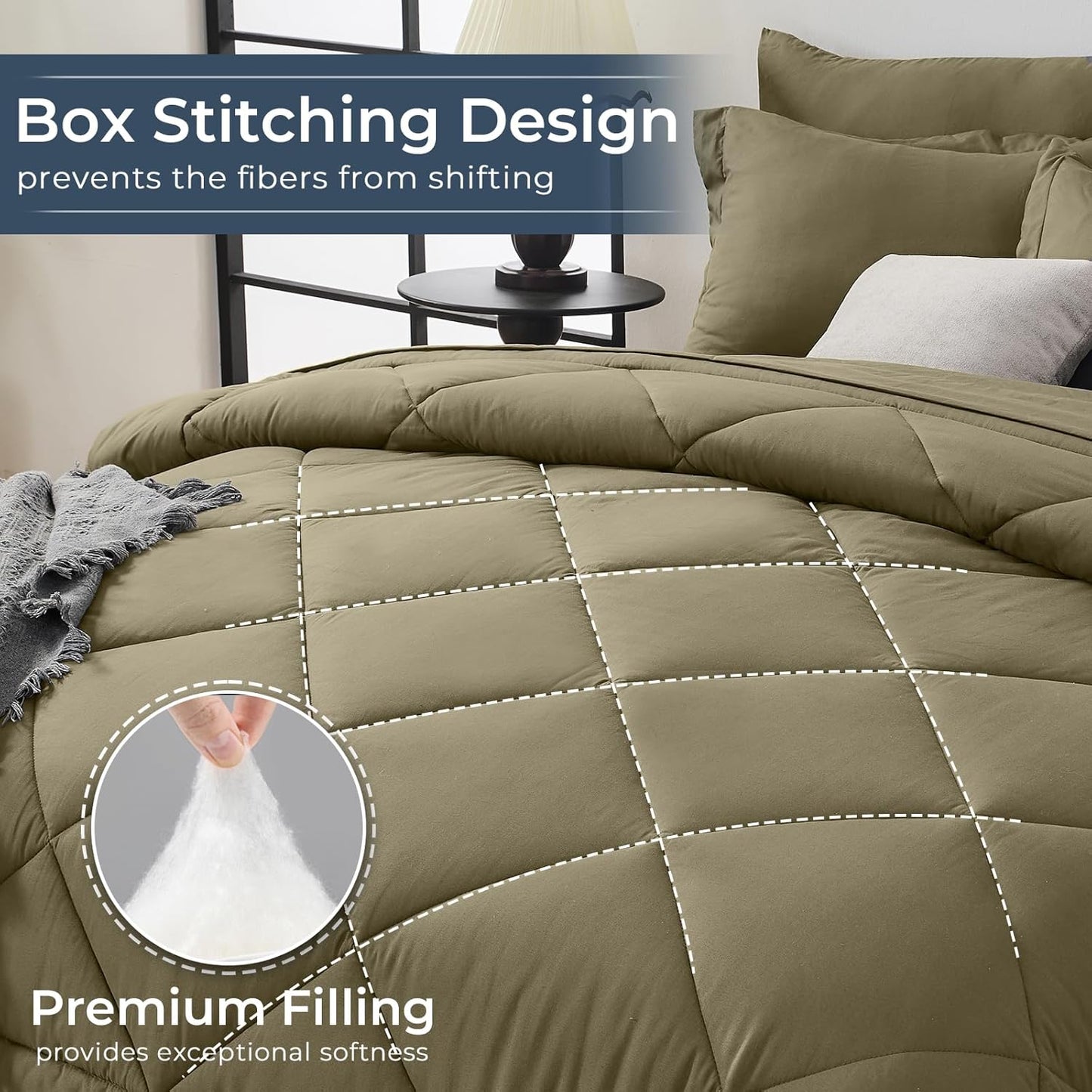 HEVUMYI Olive Green King Comforter Set - 7-Piece All Season Bed in a Bag King, Ultra Soft Bedding Set with Comforter, Flat Sheet, Fitted Sheet, Pillowcases, Pillow Shams, Olive Green