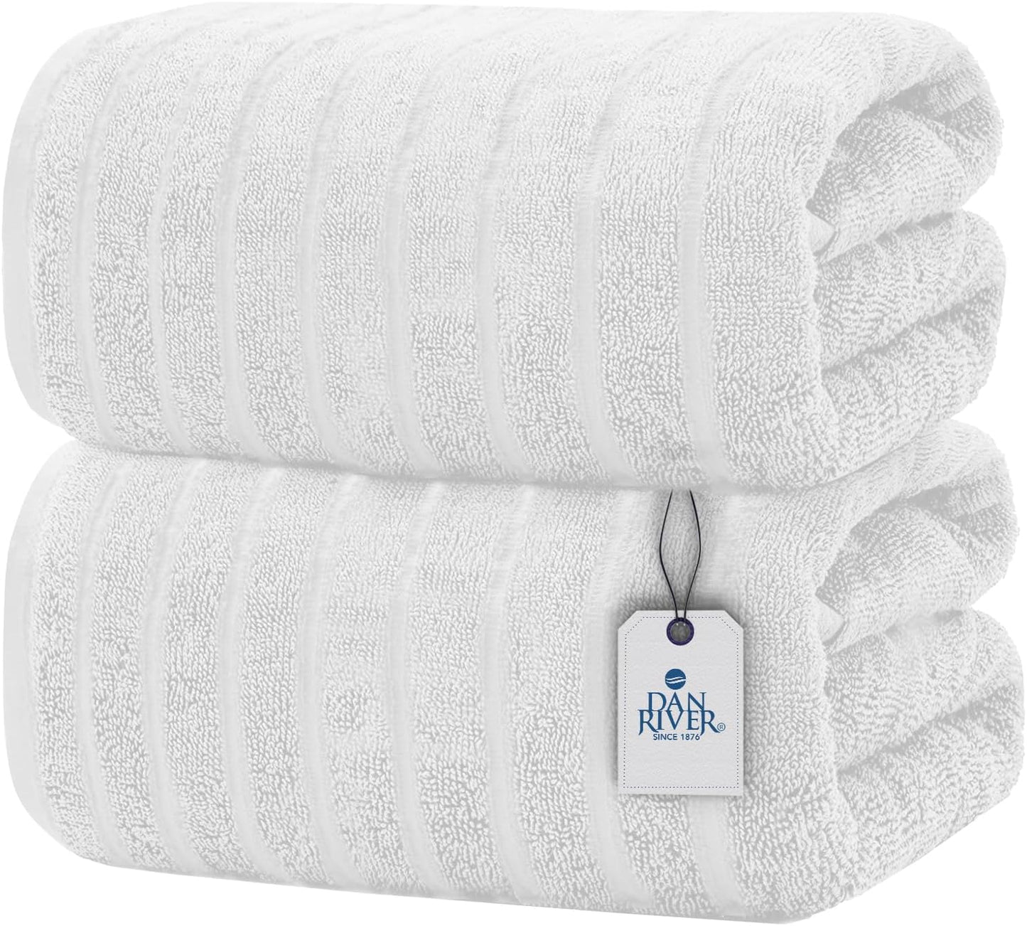 DAN RIVER Pack of 2 Bath Sheet 35x70 Inches, Super Soft Quick Dry Ribbed Cotton Towels, Luxury Oversized White Bath Towels