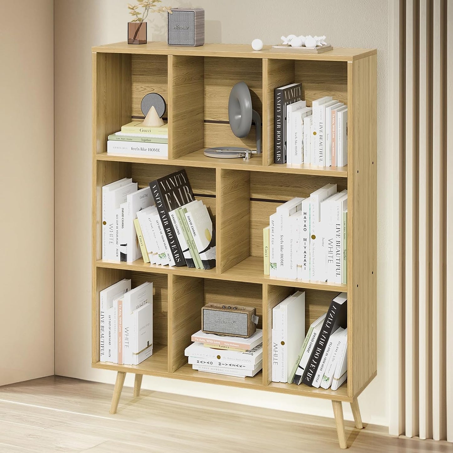 Bookshelf, 3-Tier 8 Cube Open Wooden Book Shelf with Legs, Floor Standing Office Bookcase, Wooden Bookcase for Office Furniture, Cubby Storage Organizer for Living Room/Bedroom
