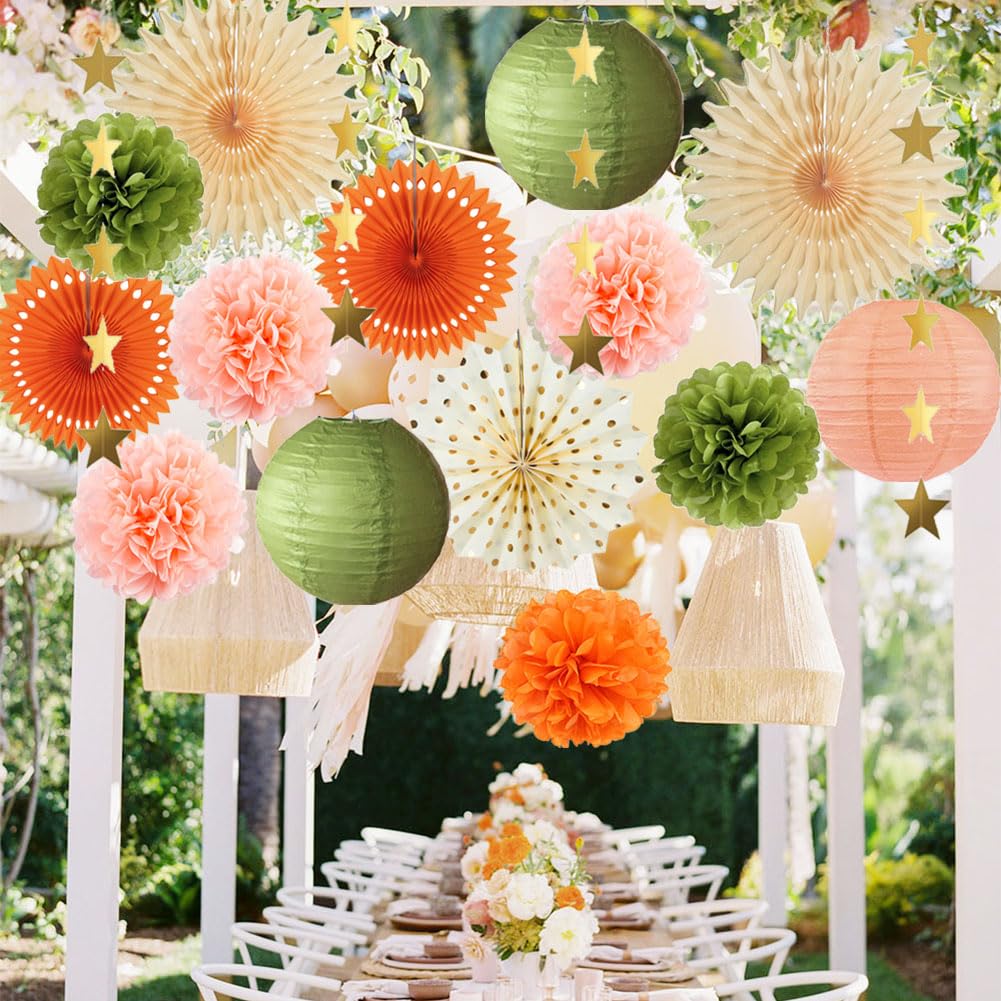 Olive Green and Orange Party Decorations Olive Birthday Party Decorations Peach and Orange Poms Lanterns Beige Fans Decor for Green and Peach Baby Shower Bridal Shower Rustic Wedding Party