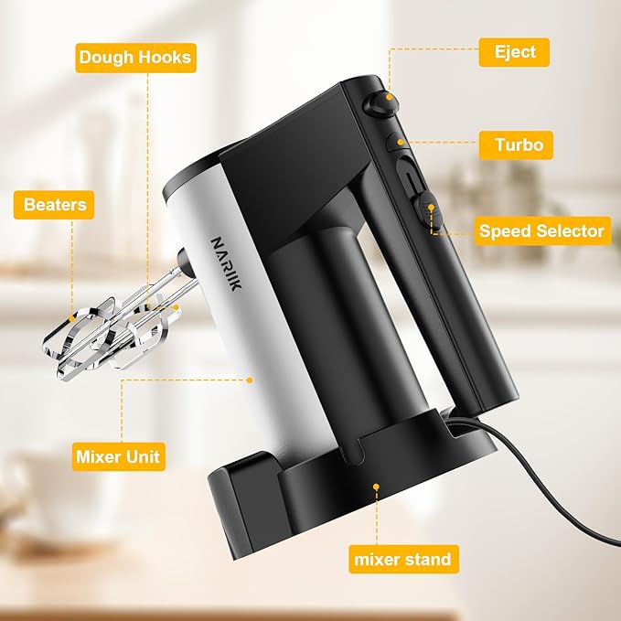 Electric Hand Mixer, 600W Kitchen Handheld Mixer, Turbo Boost/Self-Control Speed + 5 Speed + Eject Button + Stainless Steel Hand Beaters*2 & Dough Hooks*2, Kitchen Mixer for Cream/Cookies/Dough