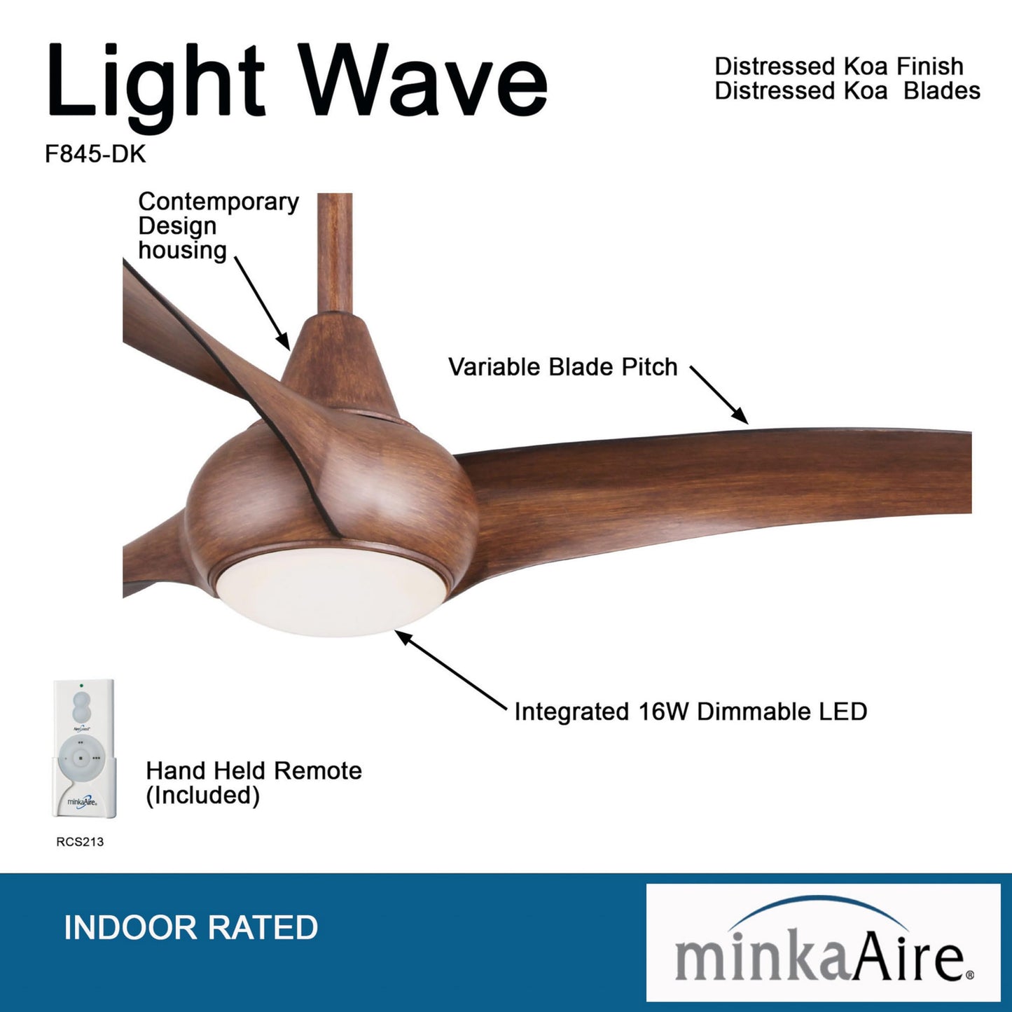 Minka-Aire F845-DK Light Wave 44" Ceiling Fan with LED Light and Remote Control in Distressed Koa Finish