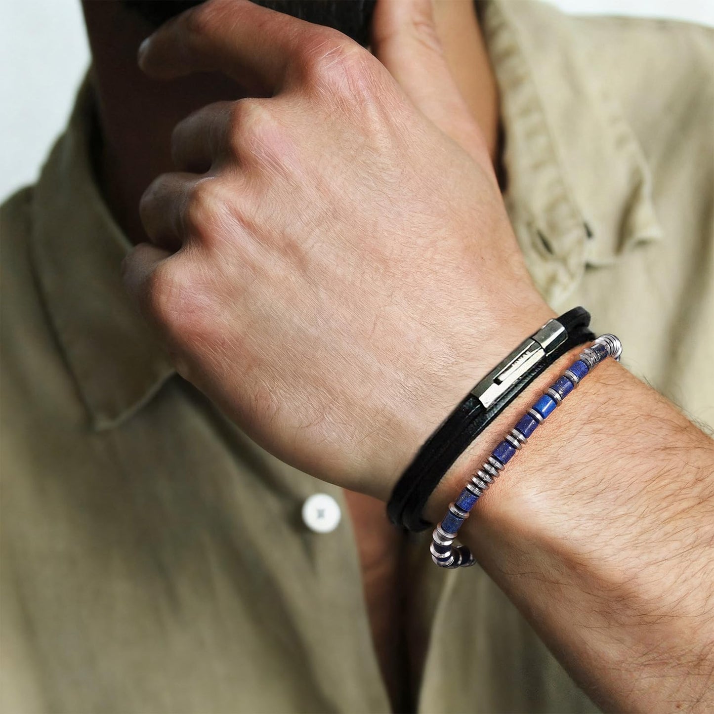 Holamonte Beaded Bracelets for Men, Link Bracelet Matched with Handmade Natural Stone, Adjustable Retractable Cord, Men's Chakra Protection Bracelet Gifts(Blue)
