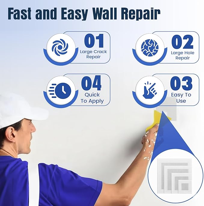 Wall Patch Repair Kit – 8 Multi-Size Aluminum Mesh Patches (2″ 4″ 6″ 8″) with Small & Medium Scrapers & 2 P180 Sandpapers| Drywall Hole Patch Kit for Sheetrock,Plaster & Ceiling Repair Large Value Set