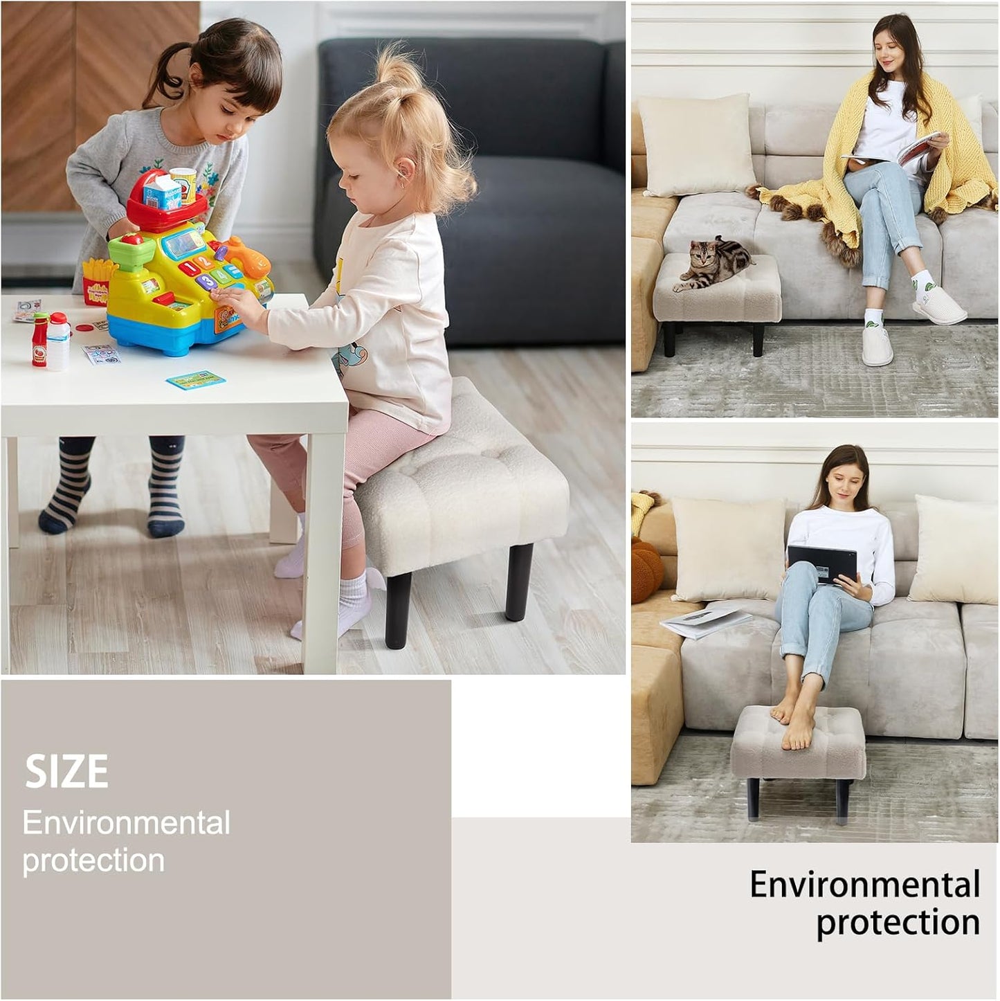 HOUCHICS Fur Padded Foot Stool, Small Ottoman with Wooden Legs, Modern Rectangle Chair Foot Rest for Living Room, Couch, Desk (White)