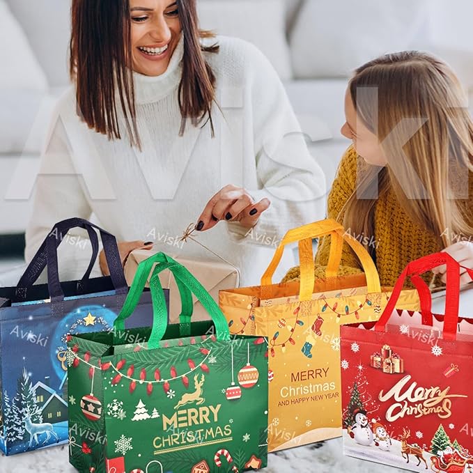 4PCS Christmas Gift Bags,Christmas Tote Treat Bags with Handles, Bags, Non-Woven Bags for Gifts Wrapping Shopping, Xmas Party Supplies