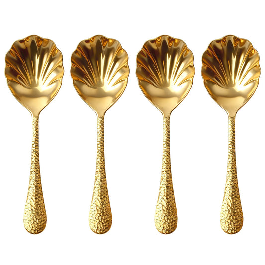 Serving Spoons 4Pack, 18/10 Stainless Steel Large Serving Spoons Set, Hammered Long Handle Serving Spoons for Buffet, Scalloped Design Serving Utensils for Kitchen Party Buffet Banquet (Gold)