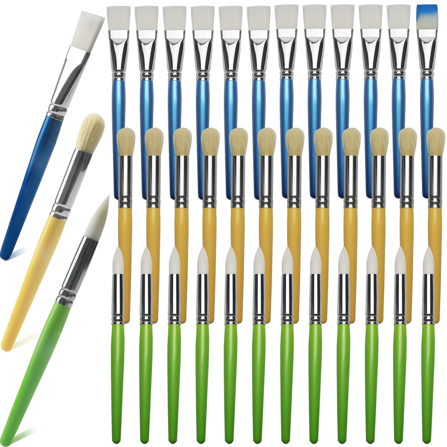 Bulk Paint Brushes for Kids Variety 36 Pcs, Back to School Toddlers PaintBrushes, Flat & Round Mop Painting Sets for Children & Classrooms，Short Wooden Handle