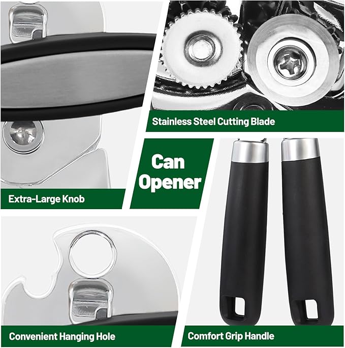 Can Opener Stainless Steel Cutting Blade Bottle Opener 2 in 1 Multifunctional Manual Jar Opener Can Opener Heavy Duty Comfortable Handle Smooth Edge Hanging Hole Kitchen Gadget Daily Use