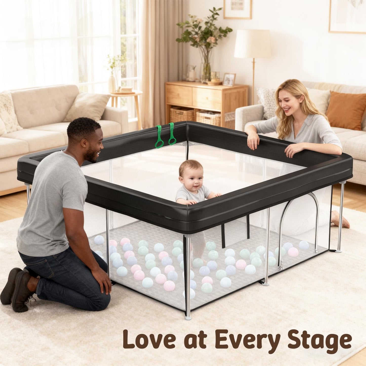 Desque Foldable Baby Playpen with Mat, 50"×50" Collapsible Play Yard for Babies and Toddlers, No Assembly Required, Kids Safety Play Area with 4 Handles, 50 Balls and Visible Mesh, Black