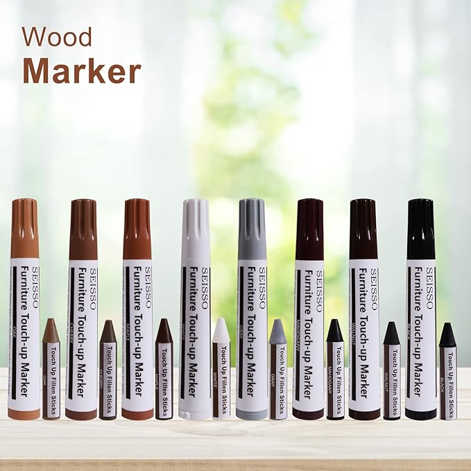 SEISSO Furniture Markers Touch Up - Set of 17 - Furniture Scratch Repair Markers Kit, Wood Touch Up Markers and Wax Sticks with Sharpener, for Scratches, Stains, Floors, Laminate, Cabinet