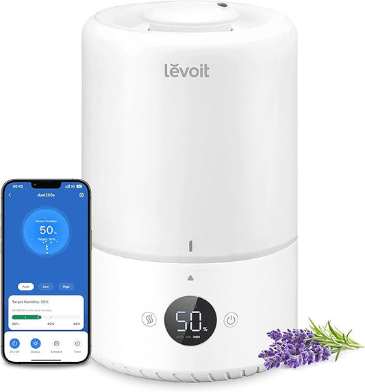 LEVOIT Smart Cool Mist Top Fill Humidifiers for Bedroom Baby with Sensor, Auto Humidity Setting, APP & Voice Control, Essential Oil Diffuser, Ultra Quiet Operation, Easy Top Fill, 3L, White