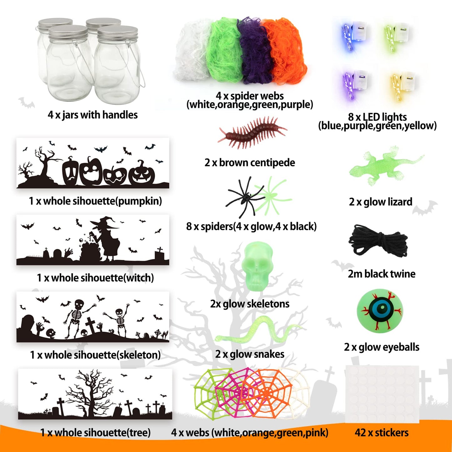 Shemira Halloween Craft Kit for Kids, 4 pcs Glass Mason Jar with Accessories for DIY Lantern Jar, Halloween Art & Craft Party Supplies, Art Activities