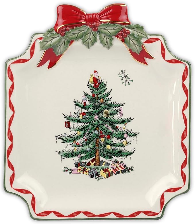 Spode Christmas Tree Ribbons Canape Platter - 6.5-Inch Holiday Serving Plate for Desserts, Appetizers, and Treats - Festive Earthenware Christmas Dinnerware with Gold Accents - Dishwasher Safe