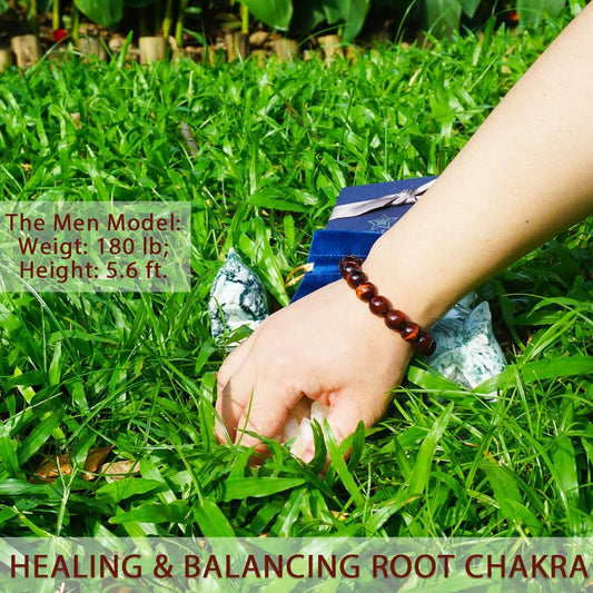 TaHLga 12MM Red Tigers Eye Bracelet for Men | Natural Healing Root Chakra Gemstones | Fits for 8-8.5" Large & Strong Wrist | Bring Luck & Fortune | Anxiety Relief Spritual Gift for Friends Familys
