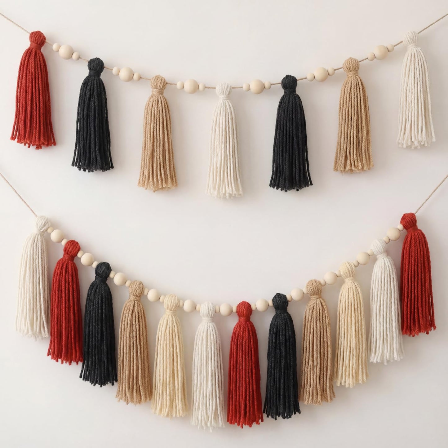 Suncalla 2 Pcs Tassel Garland with Wood Beads, 6.89 ft Handmade Cotton Yarn Wall Hanging Banner Boho Tassel Wall Party Decor for Nursery Baby Shower Classroom Birthday Home Decoration(Retro)