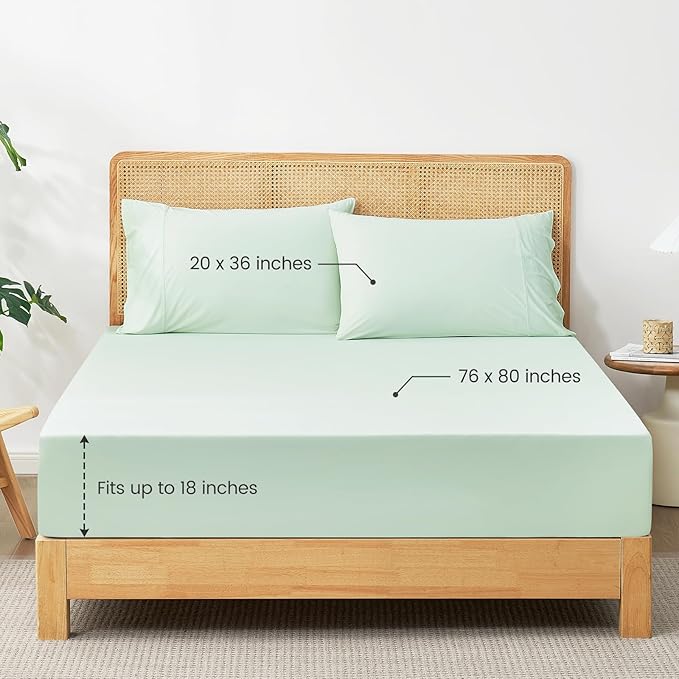 Cozy Bliss Premium Cooling Sheet Set King Size, Q-Max>0.4, 3PCS No Flat Sheet with 2 Pillowcases, Breathable Fitted Sheet for Hot Sleepers & Night Sweats, Deep Pocket Up to 18 Inches, Light Mint Green