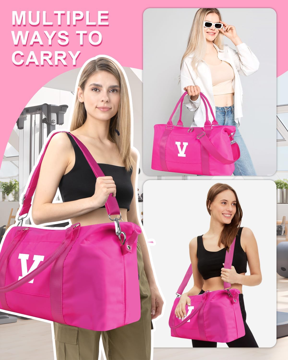 Overnight Bag for Kids Teen Girls Weekender Dance Bag Birthday Graduation Gifts,Initial Travel Duffel Bag Sports Gym Bag Personalized Weekender Bag Carry On Bags Preppy Gifts for Women(Hot Pink, V)