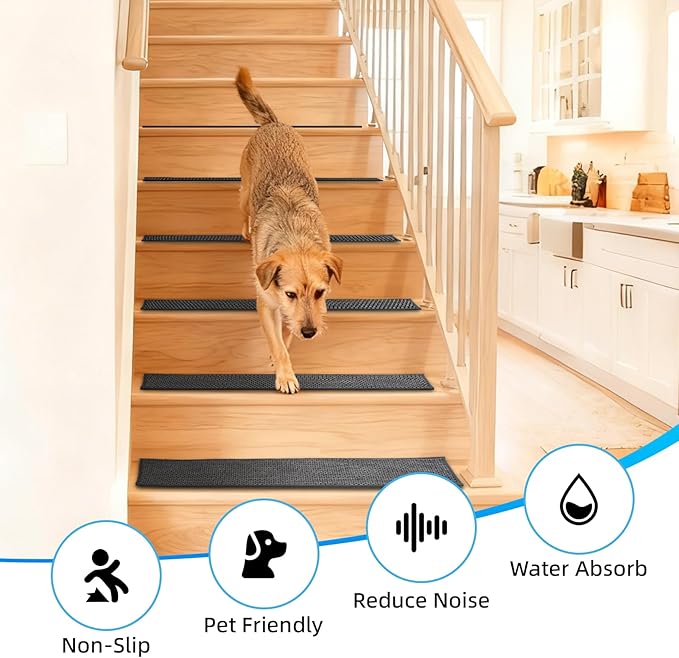 Art3d Stair Treads for Wooden Steps 15Pcs, 8" X 30" Non Slip Stair Runner Rugs with Reusable Adhesive for Elders Kids and Dogs, Machine Washable Peel and Stick Stair Treads Carpet, Black