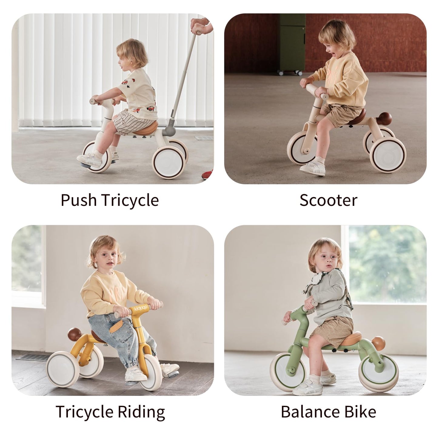 4-in-1 Toddler Tricycle with Adjustable Push Handle for 1-4 Year Old,Birthday Gift and Toy for Boys and Girls Removable Pedals Balance Bike&Scooter (Green)