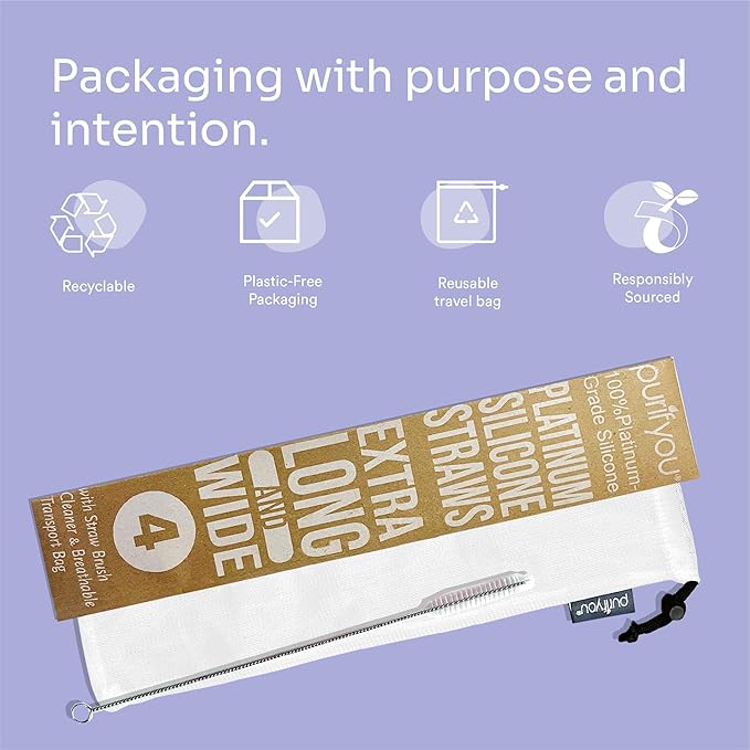 purifyou 14.5in Extra Long Reusable Silicone Straws with Cleaning Brush, Portable Case, Fits 40oz Stanley Cups, Tumblers & Water Bottles, Durable, Travel-Friendly, Convenient (Set of 4, Pastel Colors)