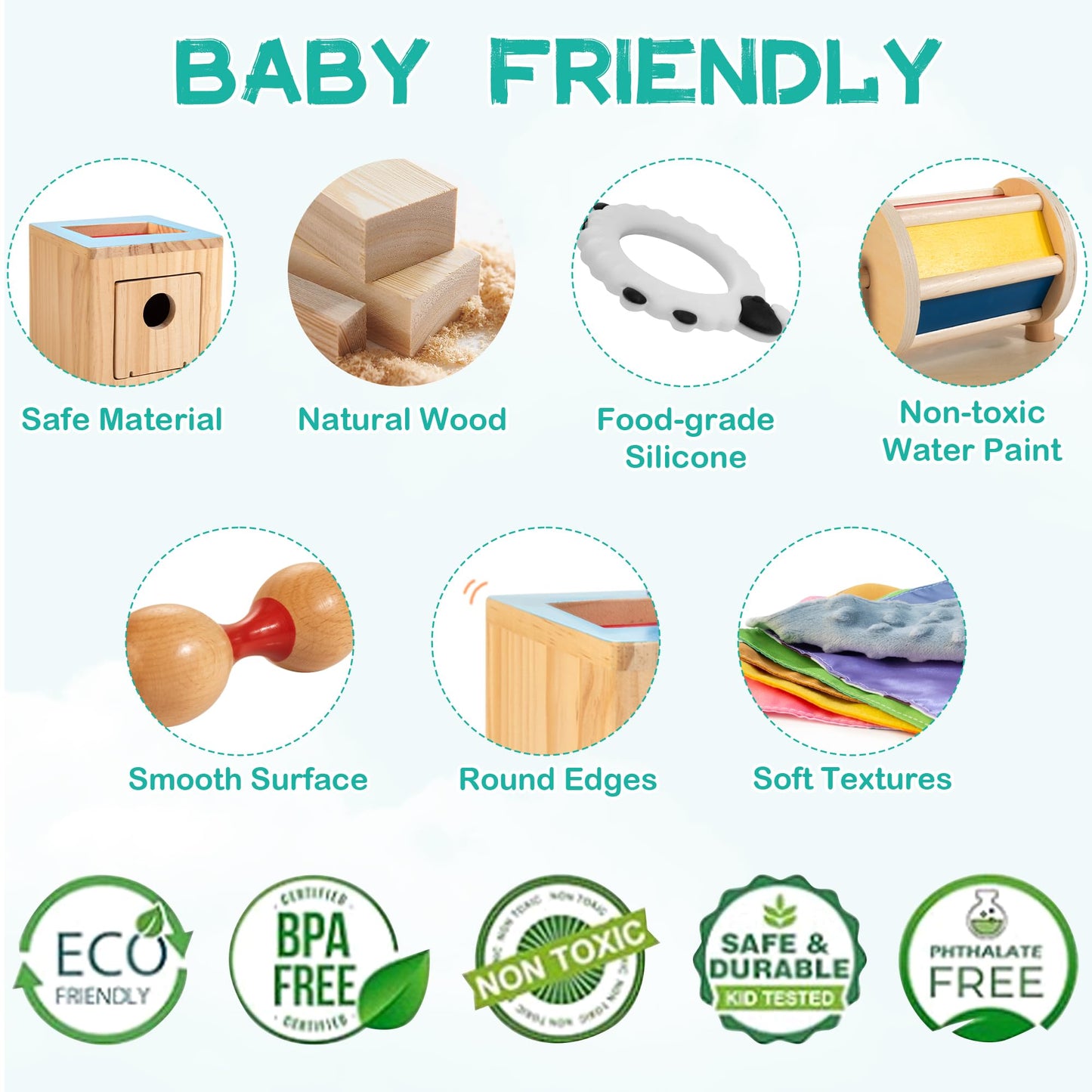 WOODMAM Montessori Toys for Babies 0-6 Months, 9 in 1 Learning Educational Sensory Toys for Newborn 0-3-6 Months, Includes High Contrast Cards, Baby Tissue Box Toy, Spinning Drum, Teether and More